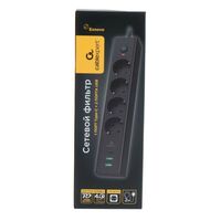 Сетевой фильтр Cablexpert Exnovo EXN-4-CU2-B-2 черный, макс. мощность 2500Вт, 3 розетки 220В, 10А, 2 розетки USB-A 5В, 1 розетка USB-C 30Вт PD, кабель 2м, ур.защиты 4+, коробка фотографии