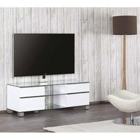 Тумбы и стойки для телевизоров: Стойка под телевизор Sonorous MD 8340-C-INX-WHT max ТВ 50кг, 1300х1400х440мм (ВхШхГ),   прозрачное стекло /  ножки стального цвета/ белые ящики фотографии