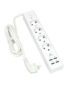 Сетевой фильтр Cablexpert Exnovo EXN-4-U4-W-2 белый, макс. мощность 2500Вт, 4 розетки 220В, 10А, 4 розетки USB-A 5В 2,4А, кабель 2м, ур.защиты 4+, коробка фотографии