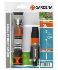 Шланги, системы водопровода и автополива: Комплект полива GARDENA Power Grip Set 1 штуцер резьбовой 26.5 мм (арт. 18202), 1 коннектор стандартный (арт. 18215), 1 коннектор стандартный с автостопом (арт. 18213), 1 наконечник для полива Classic (арт. 18300)