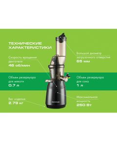 Купить Соковыжималка шнековая Endever Sigma 91 250 Вт, резервуар для сока 1 л, резервуар для мякоти 0.7 л, выход сока до 85%, холодный прессовый отжим, 100% сохранение витаминов, цвет черный, изображение 6 в интернет-магазине Irkshop.ru