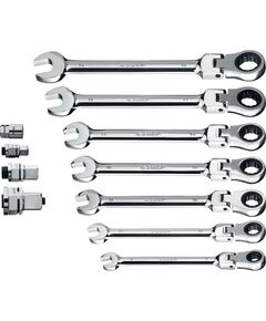 Наборы инструментов и ключи: Набор комбинированных гаечных ключей трещоточных шарнирных с адаптерами Зубр 27102-H10 10 шт, 8 - 19 мм фотографии