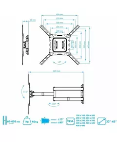 Купить Кронштейн для телевизора Kromax DIX-18 Black 22"-55", наклон вверх +15°, наклон вниз -15°, поворот 180°, нагрузка до 40 кг, от 66 мм до 605 мм от стены, изображение 6 в интернет-магазине Irkshop.ru