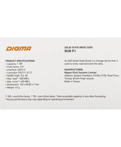 Купить SSD-накопитель Digma 1Tb Run P1 SATA-III 2.5" [DGSR2001TP13T], изображение 5 в интернет-магазине Irkshop.ru