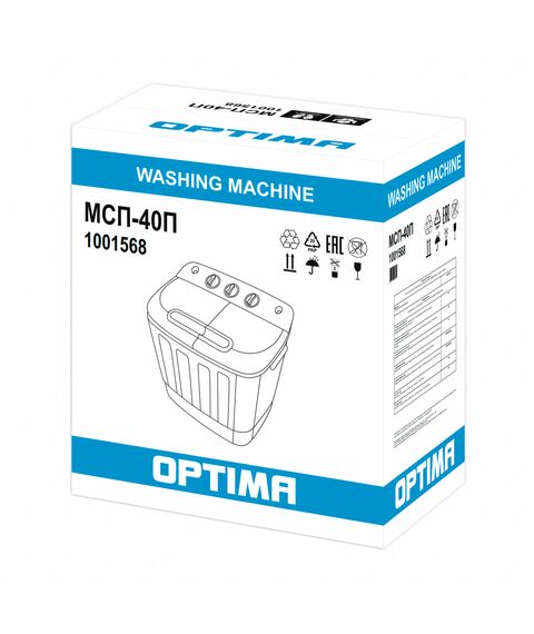 Стиральная машина OPTIMA МСП-40П Загрузка белья для стирки 4кг, загрузка белья для отжима 2.5кг, центрифуга, материал крышки пластик, мощность стирки 260Вт, мощность центрифуги 145Вт, сливной насос, класс защиты от поражения электричеством фотографии