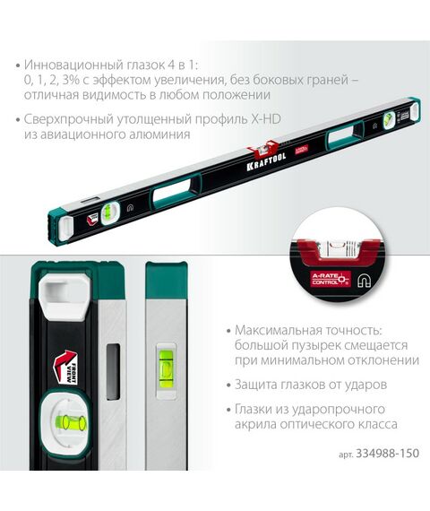 Сверхпрочный магнитный уровень KRAFTOOL A-RATE CONTROL 1500 мм точность 0.3 мм/м, с зеркальным глазком [34988-150] фотографии