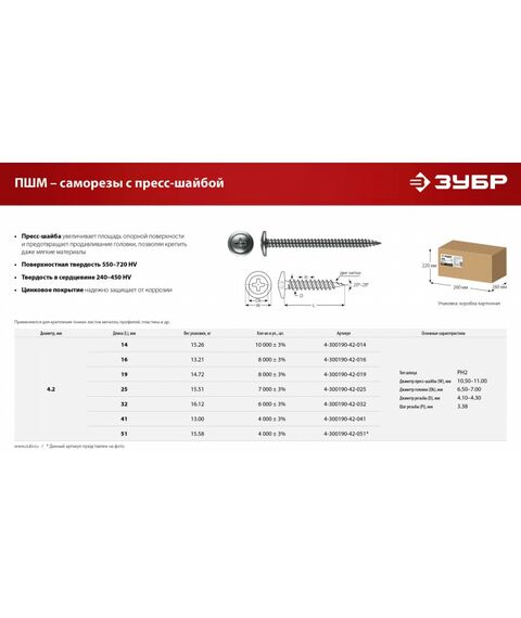 Саморез с пресс-шайбой ПШМ Зубр 14 х 4.2 мм цинк, 15.26 кг [4-300190-42-014_z01] фотографии
