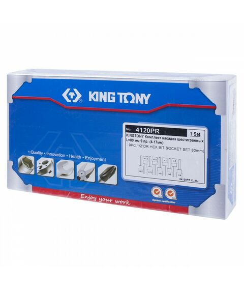 Набор торцевых насадок King Tony 4120PR 1/2", Hex, 4-17 мм, L = 80 мм, 9 предметов фотографии