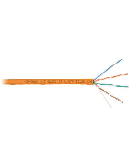 Кабель Nikomax NMC 4100C-OR U/UTP 4 пары, Кат.5e (Класс D), тест по ISO/IEC, 100МГц, одножильный, BC (чистая медь), 24AWG (0.51мм), полимерный материал нг(А)-HF, внутренний, оранжевый, 305м фотографии