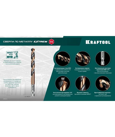 Набор сверл по металлу KRAFTOOL IMPACT READY НЕХ-1/", 10 шт, для винтовёртов и шуруповертов [29652-H10] фотографии