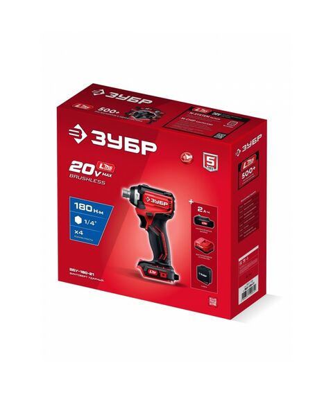 Бесщеточный ударный винтоверт Зубр ВБУ-180-21 ЗУБР 20 В, 180 Н·м, 1 АКБ LMS (2 А·ч), сумка фотографии