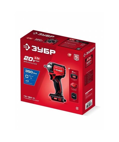 Бесщеточный ударный гайковерт Зубр ГБУ-350-41 20 В, 350 Н·м, 1 АКБ LMS (4 А·ч), сумка фотографии
