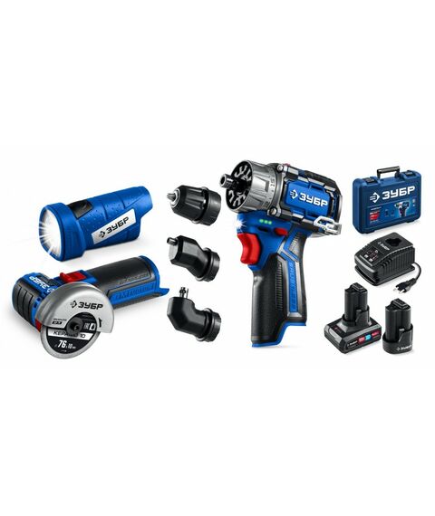 {[ru]:Набор: дрель-шуруповерт + мини УШМ + LED фонарь Зубр DB-125-42ABF КОМБИ