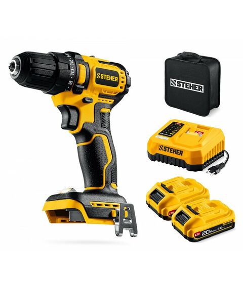 Бесщеточная дрель-шуруповерт STEHER CB-45-22 STEHER 20 В, 45 Н·м, 2 АКБ LMS (2 А·ч), сумка (CB-45-22) фотографии