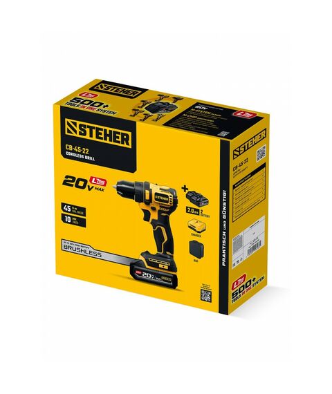 Бесщеточная дрель-шуруповерт STEHER CB-45-22 STEHER 20 В, 45 Н·м, 2 АКБ LMS (2 А·ч), сумка (CB-45-22) фотографии