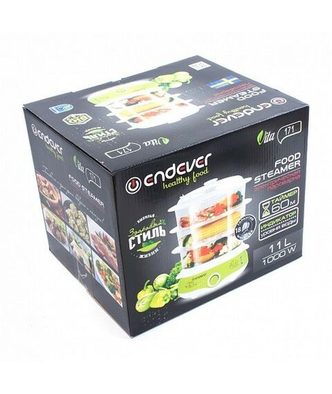 Пароварки: Пароварка Endever Vita-171 механическое управление, количество ярусов - 3, макс. потребляемая мощность 1000 Вт, цвет белый/зеленый фотографии