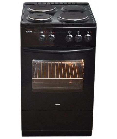 Кухонные плиты: Электрическая плита черная, без крышки Лысьва ЭП 301 МС 3 электрические комфорки,  подсветка духовки одинарная , дверца съемная с двойным стеклом, терморегулятор, выдвижной ящик, ножки регулировочные. Цвет черный фотографии