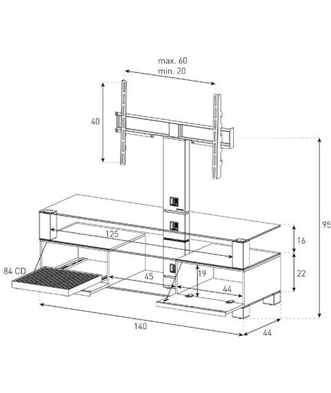 Тумбы и стойки для телевизоров: Стойка под телевизор Sonorous MD 8143-C-INX-WNT max ТВ 50кг, 1300х1400х440мм (ВхШхГ),   прозрачное стекло /  ножки стального цвета/ орех ящики фотографии