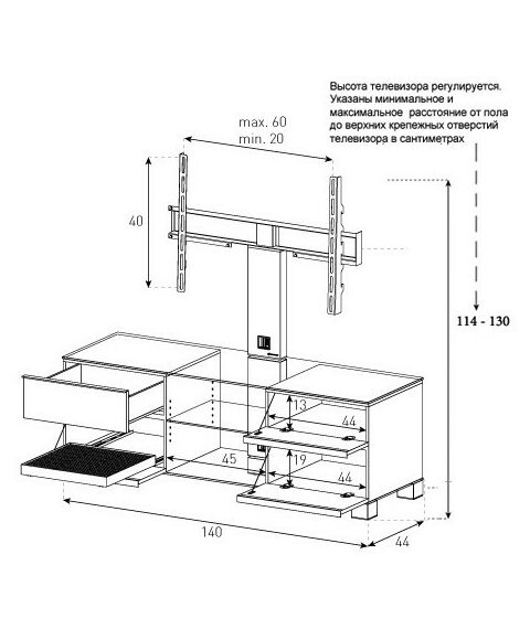 Тумбы и стойки для телевизоров: Стойка под телевизор Sonorous MD 8340-C-INX-WHT max ТВ 50кг, 1300х1400х440мм (ВхШхГ),   прозрачное стекло /  ножки стального цвета/ белые ящики фотографии