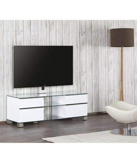 Тумбы и стойки для телевизоров: Стойка под телевизор Sonorous MD 8340-C-INX-WHT max ТВ 50кг, 1300х1400х440мм (ВхШхГ),   прозрачное стекло /  ножки стального цвета/ белые ящики фотографии