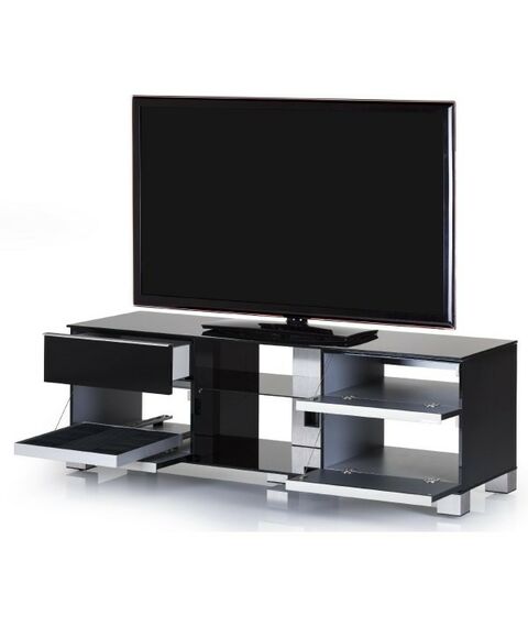 Тумбы и стойки для телевизоров: Стойка под телевизор Sonorous MD 9340-B-INX-BLK 3 полки, 4  ящика, max нагрузка 80кг,   490х1400х440мм (ВхШхГ),  черное стекло /  ножки стального цвета/ черные ящики фотографии