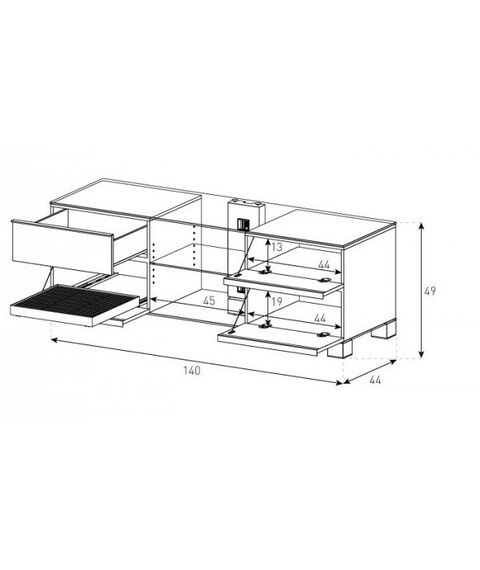 Тумбы и стойки для телевизоров: Стойка под телевизор Sonorous MD 9340-C-INX-WHT 3 полки, 4  ящика, max нагрузка 80кг,   490х1400х440мм (ВхШхГ),   прозрачное стекло /  ножки стального цвета/ белые ящики фотографии