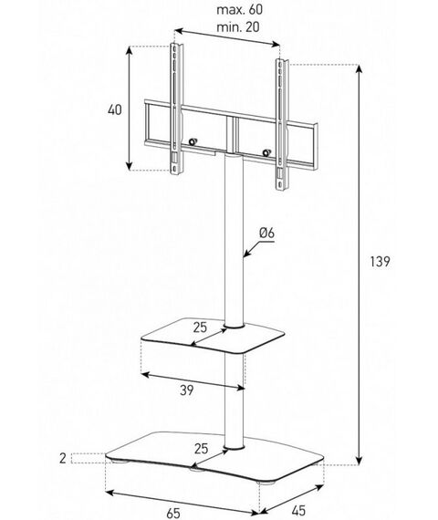 Тумбы и стойки для телевизоров: Стойка под телевизор Sonorous PL 2810 BLK-HBLK 2 полки, крепеж для ТВ, max нагрузка 30кг, поворот 35o, 1380х650х450мм  (ВхШхГ),  черное стекло / черные ножки фотографии