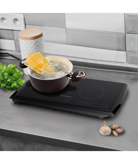 Электроплитки: Плитка индукционная Endever IP-54 двухконфорочная, мощность 1600+1300 Вт, 10 уровней регулировки температуры и мощности фотографии