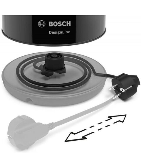 Чайники, термопоты: Чайник BOSCH TWK3P423 2400 Вт, 1.7 л, DesignLine, нержавеющая сталь, цвет черный,  скрытый нагревательный элемент, фильтр от накипи фотографии