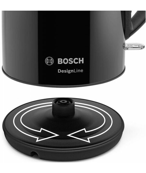 Чайники, термопоты: Чайник BOSCH TWK3P423 2400 Вт, 1.7 л, DesignLine, нержавеющая сталь, цвет черный,  скрытый нагревательный элемент, фильтр от накипи фотографии