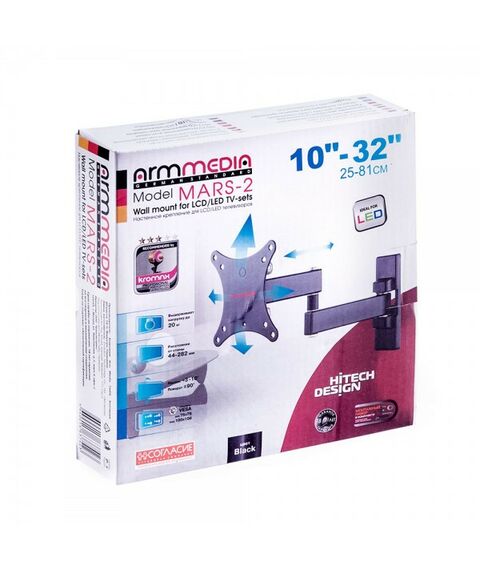 Крепеж для аудио-видео техники: Кронштейн для LED/LCD Kromax Arm media MARS-2 black Надежная стальная конструкция, универсальный, телевизор на кронштейне можно наклонить, повернуть и сдвинуть к стене, корректировка экрана, вращение экрана в горизонтальной плоскости на ±3°, легкий монтаж телевизора, благодаря наличию съемной монтажной пластины, декоративные накладки фотографии