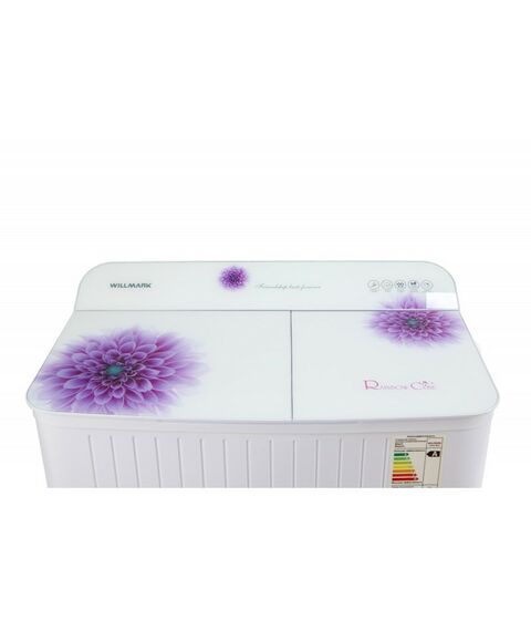Стиральные машины: Стиральная машина WILLMARK WMS-85G полуавтомат, цвета: белое стекло - фиолетовые цветы фотографии