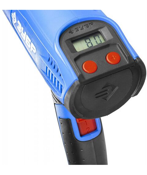 Фены технические: Фен технический (строительный) Зубр Профессионал ФТ-П2000 М2Д керам изол-р, ЖК-диспл., память темп-ры, 2 режима: 80-600град, 220/550 л/мин, 2000Вт фотографии