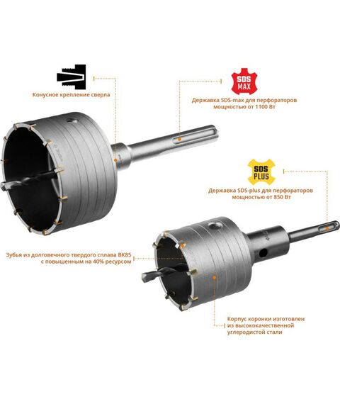 Буры, пики, коронки, сверла: Набор коронок по бетону с оснасткой Зубр Профессионал 29185-H2-2 d = 68, 100 мм, кейс фотографии