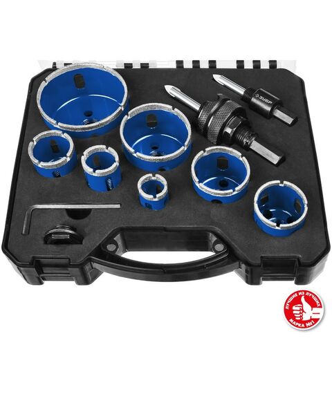 Наборы оснастки: Набор коронок алмазных с оснасткой Зубр Профессионал 29870-H7_z01 D=20, 25, 32, 35, 40, 50, 68 мм, 7 коронок фотографии