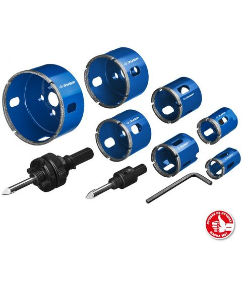 Наборы оснастки: Набор коронок алмазных с оснасткой Зубр Профессионал 29870-H7_z01 D=20, 25, 32, 35, 40, 50, 68 мм, 7 коронок фотографии