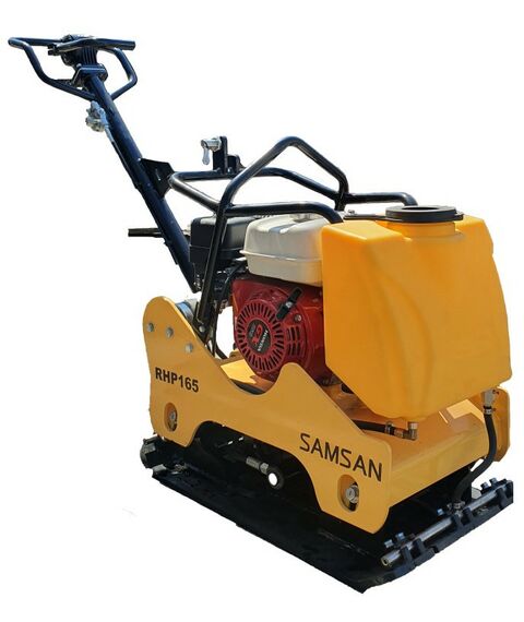 Виброплиты, вибраторы: Виброплита реверсивная гидравлическая Samsan RHP165 двигатель Honda GX160, 4-тактный, гидравлический реверс, бак для воды, двухзонная система орошения, вес 165 кг фотографии