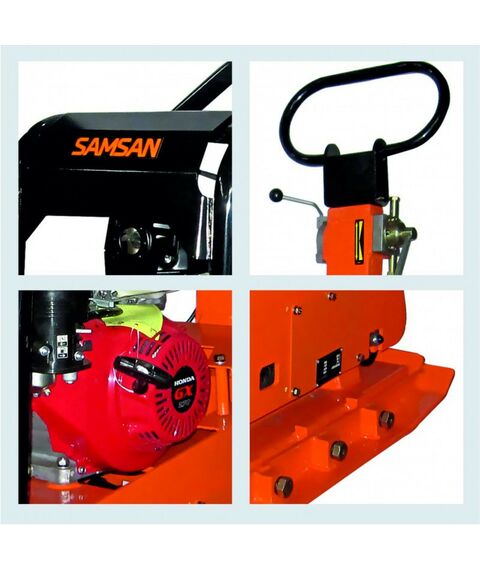 Виброплиты, вибраторы: Виброплита реверсивная Samsan RP 351 двигатель Honda GX 270, 4-тактный, одноцилиндровый, 9 л/с, частота 3750 виб./мин, центробежная сила 38 кН, глубина уплотнения 90 см фотографии