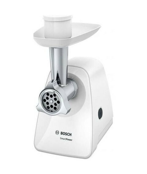 Мясорубки: Мясорубка BOSCH MFW2520W SmartPower, 350/1500 Вт, 2 форм диска, насадка для колбасок и кеббе фотографии