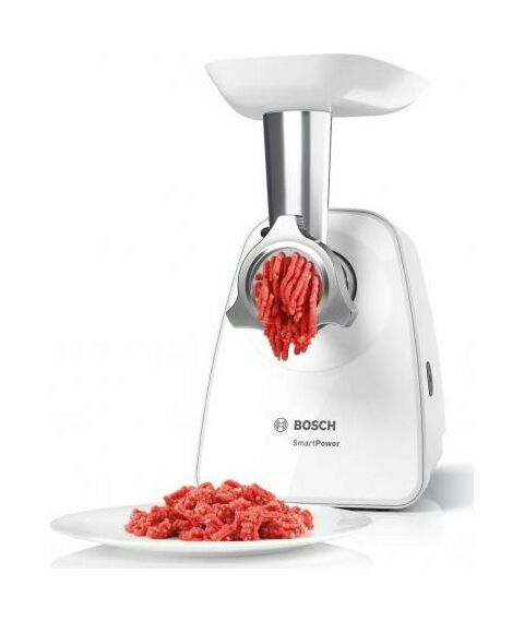 Мясорубки: Мясорубка BOSCH MFW2520W SmartPower, 350/1500 Вт, 2 форм диска, насадка для колбасок и кеббе фотографии