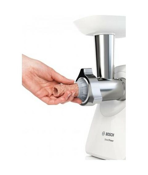 Мясорубки: Мясорубка BOSCH MFW2520W SmartPower, 350/1500 Вт, 2 форм диска, насадка для колбасок и кеббе фотографии