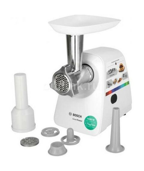 Мясорубки: Мясорубка BOSCH MFW2520W SmartPower, 350/1500 Вт, 2 форм диска, насадка для колбасок и кеббе фотографии