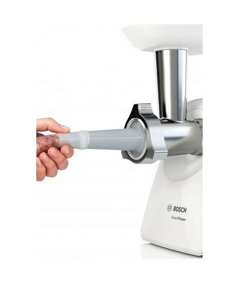 Мясорубки: Мясорубка BOSCH MFW2520W SmartPower, 350/1500 Вт, 2 форм диска, насадка для колбасок и кеббе фотографии