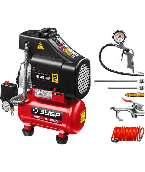 Компрессоры: Компрессор воздушный безмасляный Зубр КП-200-6 Н6 с набором аксессуаров, 200 л/мин, 6 л, 1500 Вт фотографии