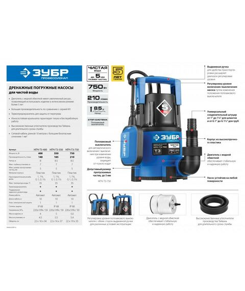 Насосы и насосные станции: Дренажный насос с минимальным уровнем откачки Зубр Профессионал НПЧ-Т3-750 750 Вт фотографии