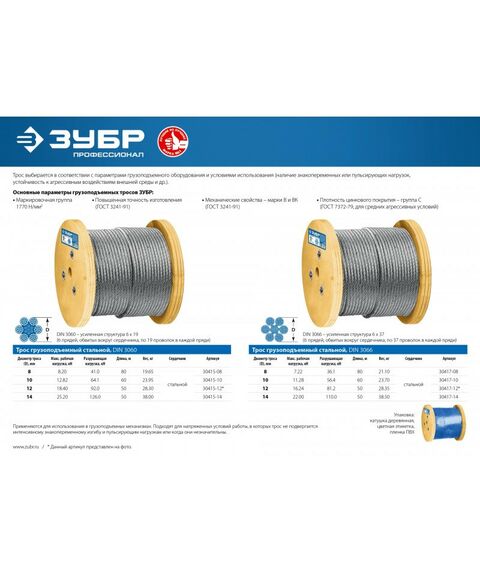 Такелажный крепеж: Трос грузоподъемный стальной оцинкованный Зубр Профессионал d=12 мм, L=50 м DIN 3066 [30417-12] фотографии