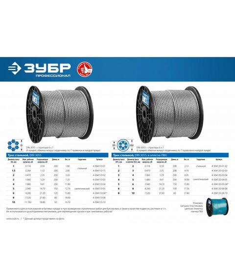 Такелажный крепеж: Трос стальной оцинкованный Зубр Профессионал d=5/6 мм, L=150 м DIN 3055, в оплетке ПВХ [4-304120-05-06] фотографии