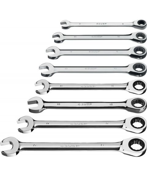 Наборы инструментов и ключи: Набор комбинированных гаечных ключей трещоточных Зубр 27074-H8 8 шт, 8 - 19 мм [27074-H8_z01] фотографии