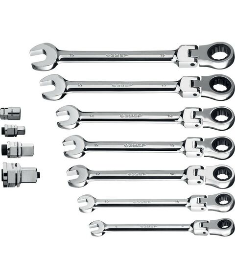 Наборы инструментов и ключи: Набор комбинированных гаечных ключей трещоточных шарнирных с адаптерами Зубр 27102-H10 10 шт, 8 - 19 мм фотографии