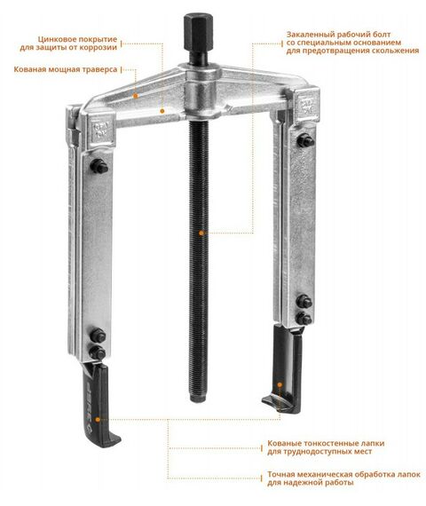 Демонтажный инструмент: Съемник раздвижной 2-захватный с тонкими захватами Зубр Профессионал 43313-160-215 215 мм фотографии